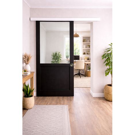 Porta scorrevole nera per officina H204 x L93 senza montante + binario in alluminio Striscia bianca e 2 gusci