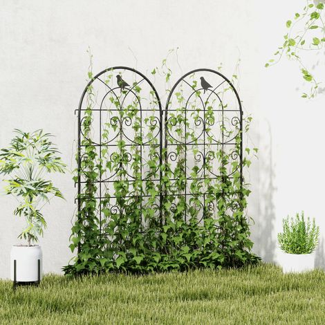 Supporto per piante rampicanti con uccellini, set di 2 tralicci da giardino per ortaggi, viti e fiori, in metallo, 50 x 120 cm, nero