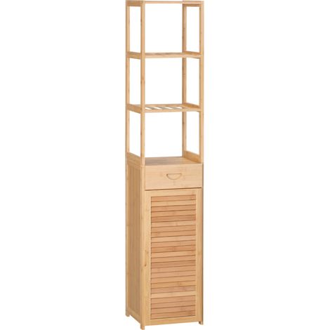 Mueble de baño de bambú con cajón y estantes, 32 x 30 x 163 cm, color natural (1/5)