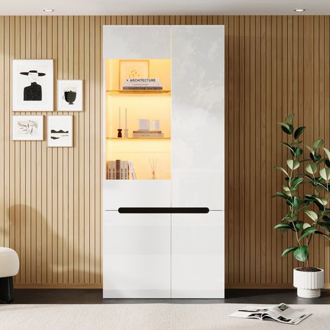 Vitrine avec éclairage LED, 4 portes battantes avec cloison en verre de sécurité, vitrine de salon avec façade brillante, vitrine de collection pour salon, salle à manger, chambre, blanche, 80×35×180c (1/5)