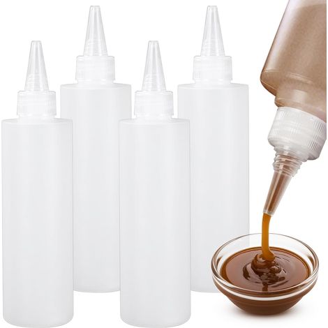 Lot de 4 flacons souples de 250 ml, pots de conservation transparents, distributeurs de sauce pour barbecue, gâteaux, moutarde, sirop, épices (1/4)