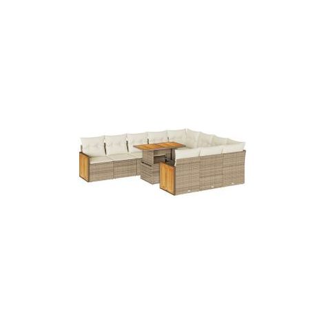 Salon de jardin 11pcs avec coussins beige résine tressée acacia (1/5)