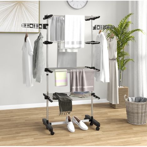 MEUBLIV Klappbarer Wäscheständer mit 5 Ebenen, schwarz/silber, mit Rollen, 142×55×172 cm (1/5)