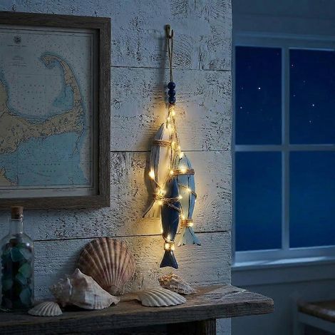 Décoration murale nautique en bois poissons et étoiles de mer style bord de mer avec LED blanc chaud (1/5)