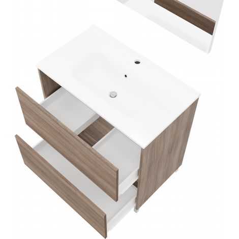 Mueble de baño de pie 80 cm en madera de roble ahumado con lavabo y espejo - Francia - Con columna espejo y lámpara LED - Accessorio: Con specchio e lampada LED