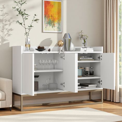 Buffet 120×40×80cm avec 4 portes, meuble de rangement de cuisine, étagères réglables, meuble de rangement multifonctionnel, pieds en métal, pour cuisine, salle à manger et salon, MDF, Blanc