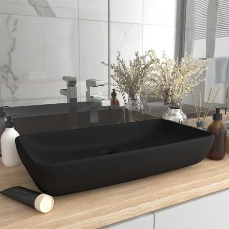 Lavabo rectangulaire en céramique noir mat 71x38 cm – Vasque à poser design pour salle de bain, trou de vidange 4,5 cm (1/5)