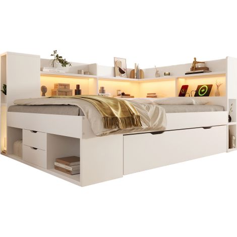 Tagesbett Funktionsbett mit LED-Beleuchtung Einzelbett aus Holzwerkstoff mit USB & Typ-C Ladestation Stauraum Regalen und Schubladen Jugendbett inkl. Lattenrost (ohne Matratze)
