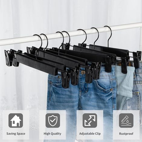 Lot de 10 cintres pour pantalons, jupes avec 2 clips réglables antidérapants pour suspendre pantalons, chaussettes, jupes - Noir (1/4)