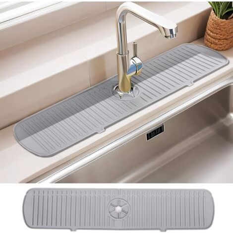 Tapis d'évier en silicone 61 x 14.5 cm – Protection anti-éclaboussures – Drainage automatique – Couleur gris