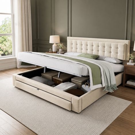 Cama tapizada europea 160x200 cm de terciopelo beige con cabecero регулируable y almacenaje (1/5)