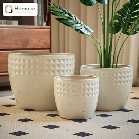 HOMAIRE Set de pots en céramique artisanal à 3 pièces avec motif en losange blanc, idéal pour les succulentes, intérieur/extérieur
