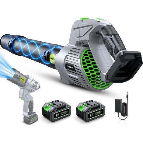 Souffleur de Feuilles sans Fil - 990 000 tr/min - Moteur sans Balais - 2 Batteries, Chargeur et 2 Buses Incluses - 5 Vitesses Ajustables - pour Jardin, Terrasse, Voiture, Neige et Poussière Gris Clair (1/5)