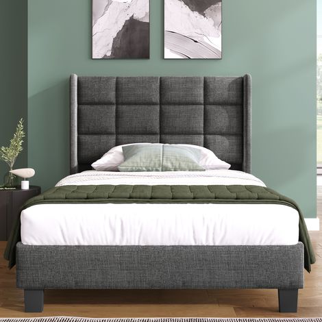 Lit simple capitonné gris, tête de lit rembourrée, sommier à lattes 90x200 cm, style moderne, tissu lin, fermeté moyenne, sans matelas. (1/5)