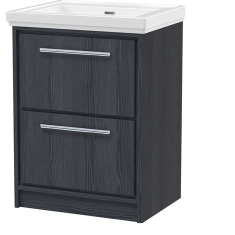 Longnor 2 Drawer Floor Standing Vanity Unit with 0 Tap Hole Traditional Fireclay Basin, Woodgrain Graphite Grey, 600mm (1/4)