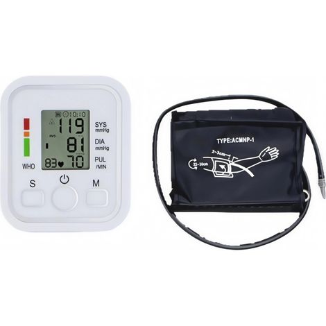 Intelligentes Blutdruckmessgerät mit kleinem weißen Bildschirm, Netz- und Batteriebetrieb (englische Sprachausgabe). (1/5)