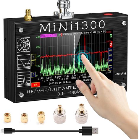 Analizador de antenas Mini 1300, analizador de redes vectoriales mejorado 2023, 4,3" 0,1–1300 MHz HF VHF UHF, generador de señales con kits de calibración SMA para ANT/SWR/TDR/RF DSP