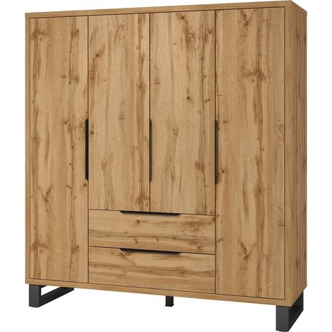 Armoire en bois style Scandinave 190cm avec 4 portes et 2 tiroirs couleur chêne brut. Collection MILOS