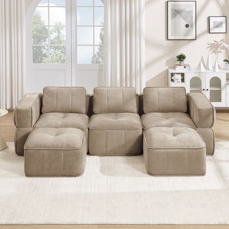Canapé modulaire en U 3 places, canapé d'angle sans cadre avec 2 poufs, canapé nuage en polyester, mousse haute densité 32D, assise profonde antidérapante, sans montage, 271 x 162 x 67 cm, Sable (1/5)