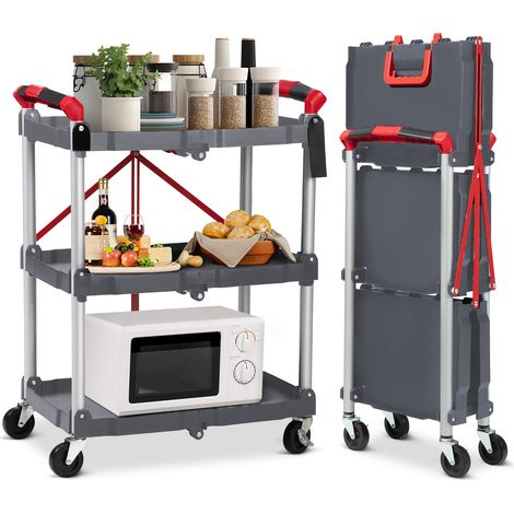 Chariot de service pliable avec roulettes - 58x 38 x 83 cm - Charge maximale : 150 kg - Étagère pliante à 3 niveaux - Étagère pliable à 3 étages - Étagère pliable