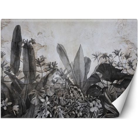 Papier peint mural, Feuilles tropicales noires et blanches sur fond béton - 100x70 (1/5)