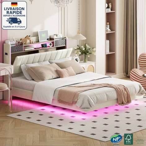 Lit adulte 140x200cm, sans matelas, lit double LED, tête de lit avec rangement, lin, USB, beige (1/5)