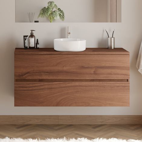 Meuble de salle de bain 120cm avec plateau et vasque à poser ronde - 2 tiroirs - sans miroir - noyer (bois foncé) - IDA (1/5)