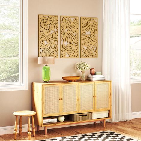 Pour sublimer votre intérieur, décorations murales en bois 3D, lot de 3 panneaux à feuilles tropicales (1/5)