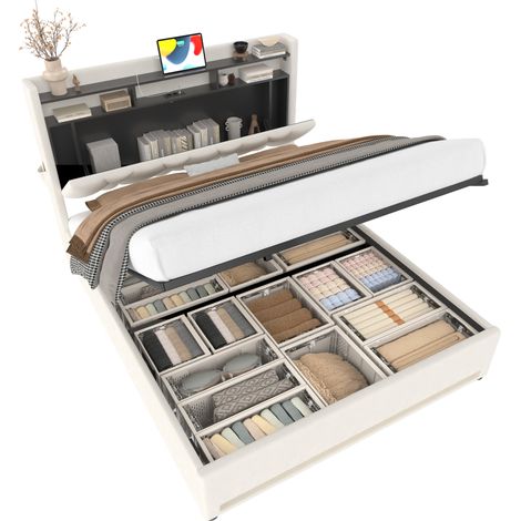 Lit coffre 140 x 200 cm en velours beige avec tête de lit à rangement, LED, ports USB et Type-C, sommier relevable à gaz, sans matelas  CHICFURN (1/5)