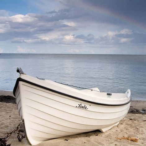 Tableau bord de mer bateau et arc-en-ciel | Tableau plage idéal pour salle de bain | Tableau sur toile marin pour couloir 0,5 x 0,5 m (1/2)