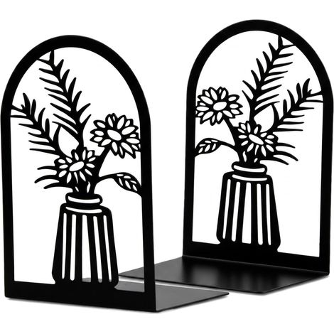 Serre-Livres Métal, Lot de 2 Support Livres Design Fleurs, Serre-Livres Robuste pour Bibliothèque, Décoratif pour Bureau, École, Maison, Noir (1/5)