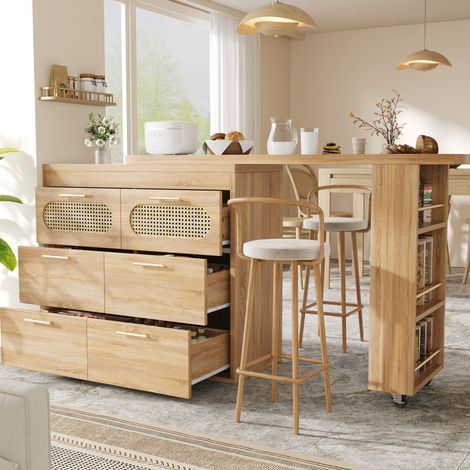 Tavolo bar in MDF e metallo naturale, girevole a 360°, 128-203x39x90 cm, con 6 cassetti e ante effetto rattan PE (1/5)