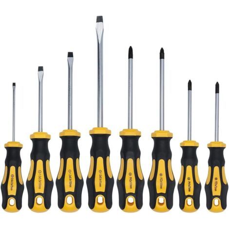 Jeu de 8 Tournevis Aimanté,Set de Tournevis Magnétique avec Cruciforme/Plat/Pozidriv/pour Vis PH, PZ et SL Manches Forme Ergonomique-Pointe Brunie-Chrome Vanadium (1/5)