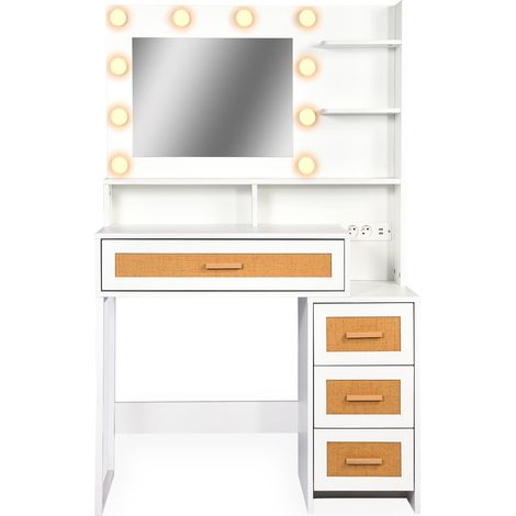 Coiffeuse 4 tiroirs et miroir LED 3 couleurs Miraclas L92cm Bois Blanc et Rotin