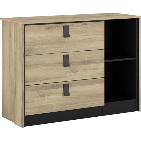 Commode 3 tiroirs 2 niches aspect bois et noir - ELOUAN (1/5)