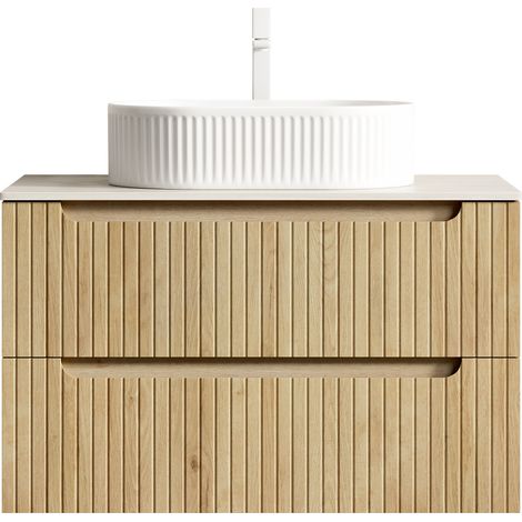 Mobile bagno sospeso 80 cm con lavabo ovale bianco, piano in pietra, 2 cassetti, rovere chiaro (1/5)