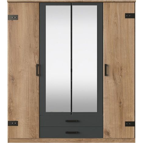 Les Tendances – Armoire de chambre 4 portes – 2 miroirs – 2 tiroirs – Chêne poutre et graphite – Dimensions 90 x 58 x 199 cm