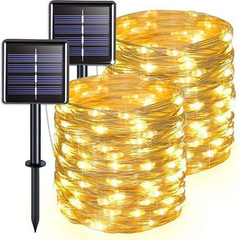 2er-Pack Solar-Lichterketten für den Außenbereich, Kupferdraht, wasserdicht, 7 Meter pro Kette, 50 LEDs (warmes Licht)