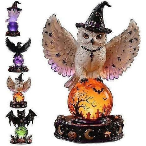 Décoration de table hibou fantôme en cristal avec boule de cristal pour Halloween, boule lumineuse gothique, fantôme de corbeau, chauve-souris et hibou avec lampe LED en cristal, décoration de cheminé (1/5)