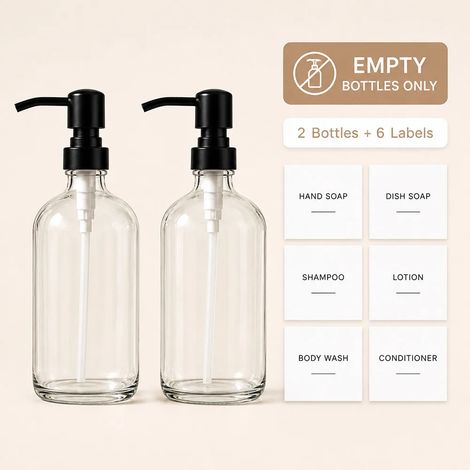 (2 pièces - 500 ml) Distributeur de savon en verre transparent de 500 ml avec pompe en acier inoxydable, flacons de savon liquide pour les mains et de liquide vaisselle pour salle de bain et cuisine. (1/5)