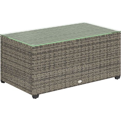 Table de jardin en résine tressée gris foncé, table d'appoint avec plateau en verre trempé, 90 x 50 x 38 cm (1/5)