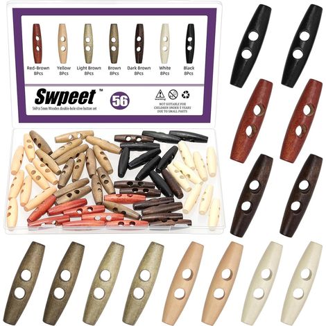 Kit surtido de 56 botones de palanca de madera con orificio de 6,5 mm en 7 colores, botones de palanca de 2 orificios con forma de oliva, botones de madera para costura y manualidades, hebilla ovalada (1/5)