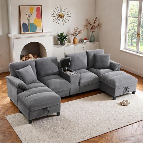 Seyakany Canapé ergonomique modulable en U,canapé d'angle 4 places avec 2 porte-gobelets et 2 ports USB,avec 2 rangements,velours côtelé(Gris) (1/5)