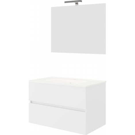 Hängender Badezimmerschrank 80 cm aus glänzend weißem Holz mit Waschbecken und Spiegel – Empoli - mit Kolonne Spiegel und LED Lampe (1/5)