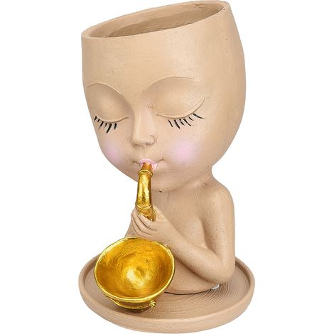 Jarrón decorativo de resina con forma de saxofón, maceta escultórica con rostro humano, elegante decoración para el hogar (tamaño M, marrón claro, 1 pieza) (1/5)