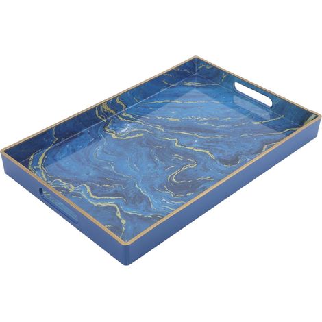 Plateau de Service Rectangulaire Décoratif en Plastique Bleu avec Motif Marbré, Multifonction pour Rangement et Décoration sur Table de Salle de Bain ou Coiffeuse'-'-