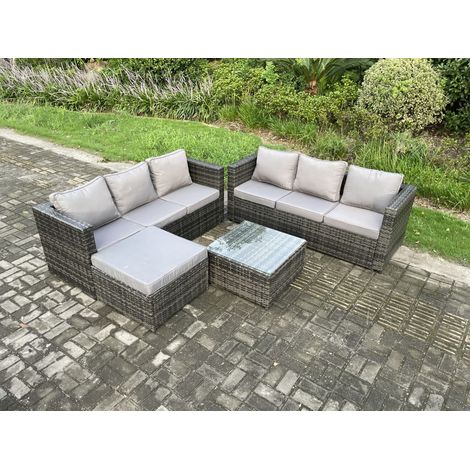 Fimous Mobilier de jardin extérieur en rotin avec Table basse carrée grand tabouret 7 places Mélange gris foncé (1/5)