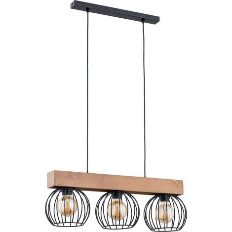 Alfa ARIZAN 3-Light Industrial Ceiling Pendant Lamp, Black Metal Cage Shades with Wood Accent, E27 Max 15W, 90x60x18 cm, IP20 Indoor