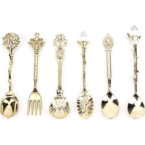 Lot de 6 couverts innovants rétro en alliage de zinc, fourchettes et cuillères, accessoires de cuisine dorés (manche de fourchette nœud porte-bonheur) (1/5)