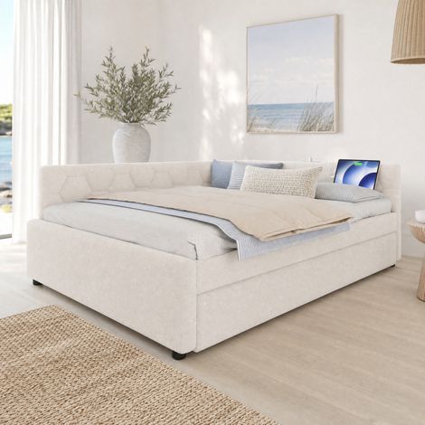 Letto con Letto estraibili 140x200 cm, con porte USB e Type-C, luce da comodino, bianco, senza materasso (1/5)